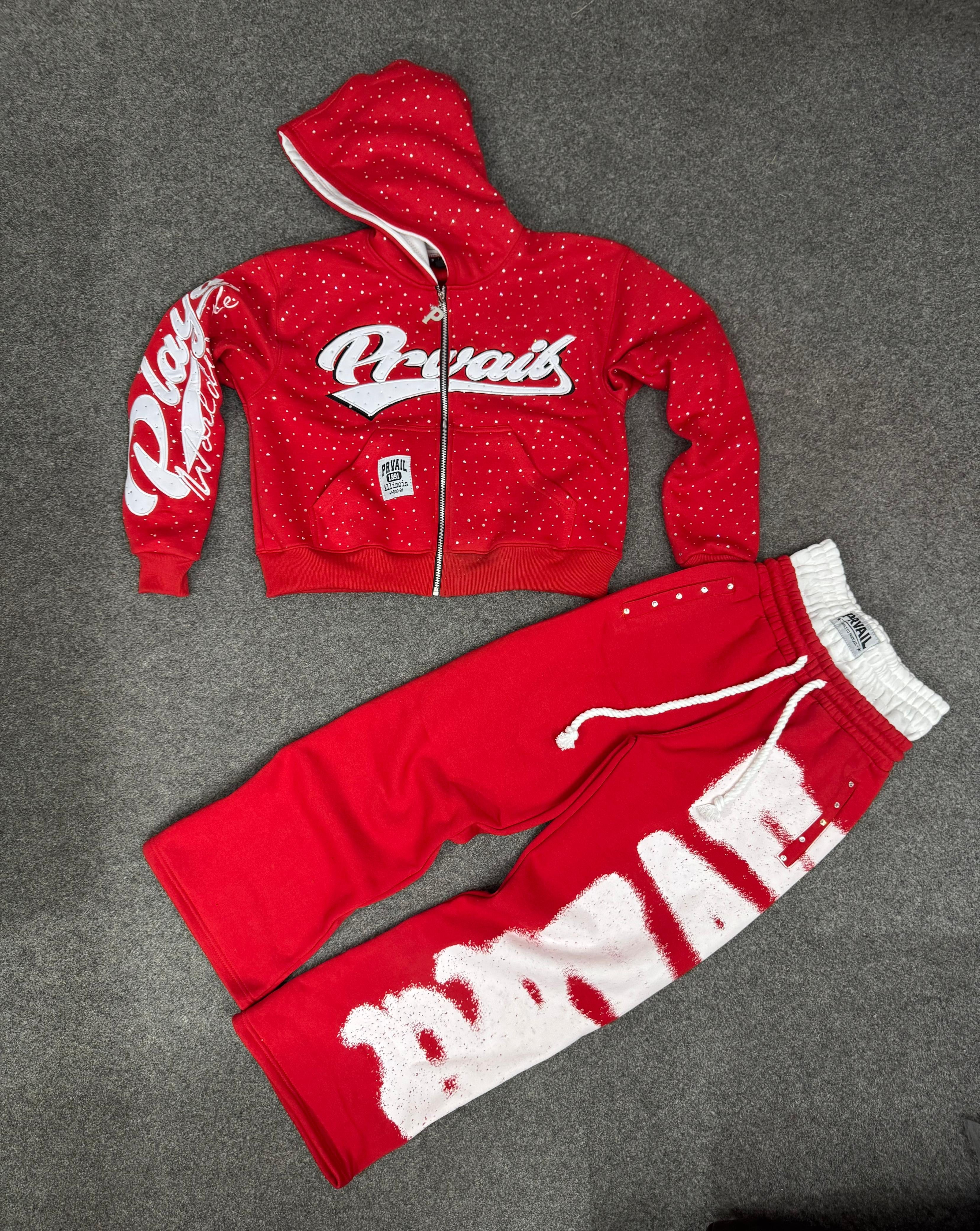 PRVAIL ZIP JACKET AND DOUBLE WAISTED PANTS SET "RED"